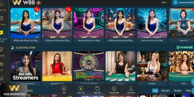 Sảnh casino W 88 đa dạng tựa game